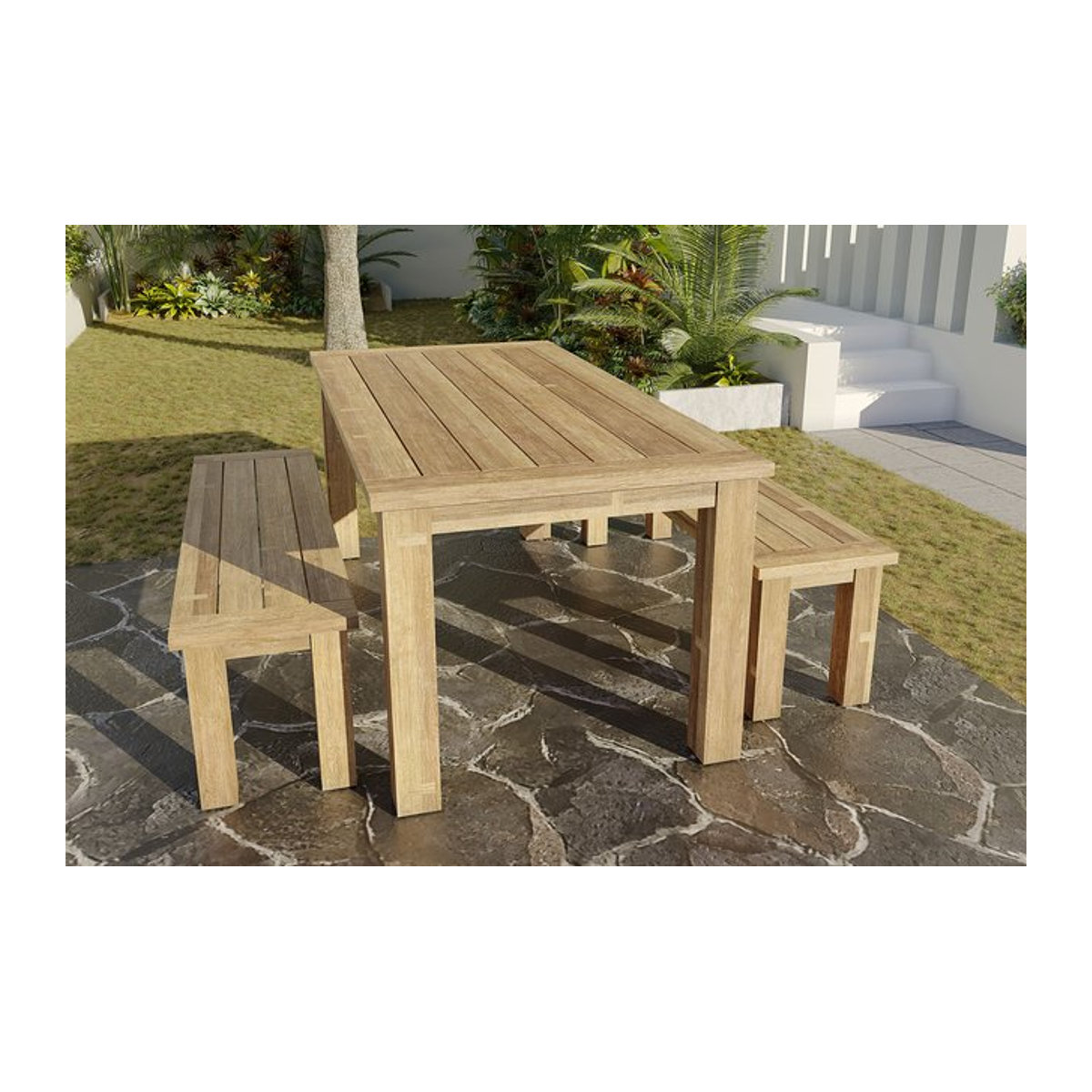 OUTFLEXX Garten-Essgruppe aus recyceltem Teakholz in Braun mit Tisch und 2 Bänken, B/T/H: 200 x 100 cm Tisch, 170 x 40 cm Bänke - Bild 1