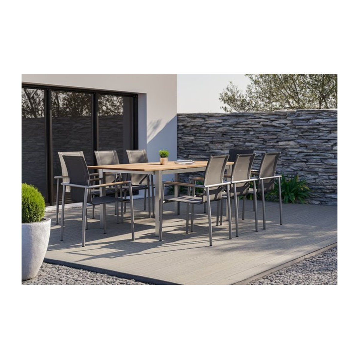 OUTFLEXX Garten-Essgruppe aus Teak, Edelstahl und Textilene in Natur/Anthrazit mit Ausziehtisch und 8 Diningsesseln - Bild 1