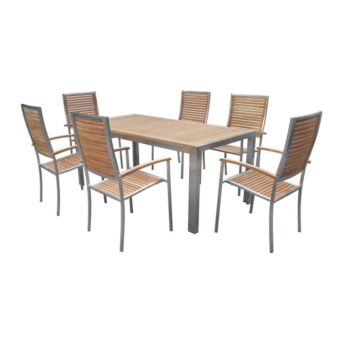 OUTFLEXX Garten-Essgruppe aus Teak und Edelstahl in Natur und Silber mit Esstisch und 6 Hochlehnern, B/T: 180 x 90 cm - Bild 1