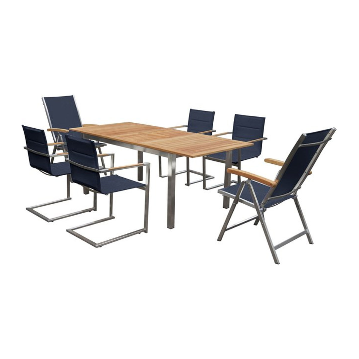 OUTFLEXX Garten-Essgruppe aus Teak und Edelstahl in Schwarz mit Ausziehtisch, 4 gepolsterten Stühlen und 2 Klappstühlen, B/T: 180/240 x 100 cm - Bild 1