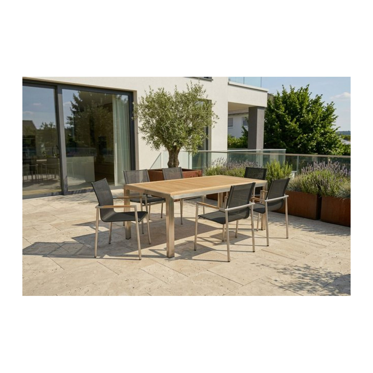 OUTFLEXX Garten-Essgruppe aus Teakholz, Edelstahl und Textilene in Natur/Anthrazit mit Tisch und 6 Diningsesseln, Tisch B: 180 cm, T: 90 cm - Bild 1