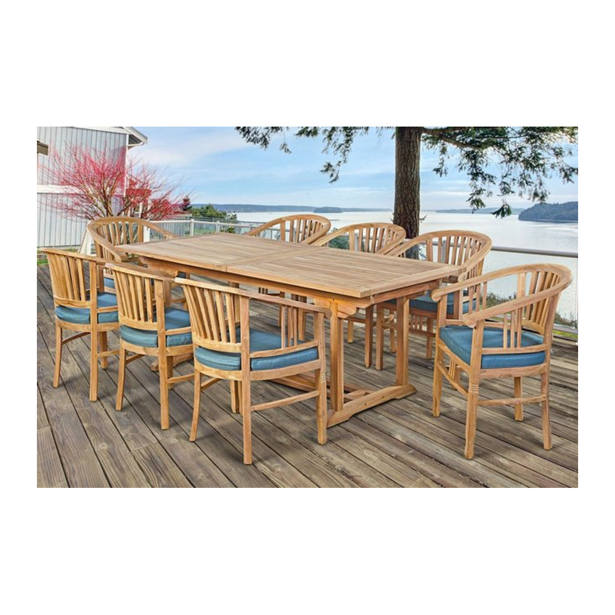 OUTFLEXX Garten-Essgruppe aus Teakholz in Braun und Grau mit Ausziehtisch und 8 Armlehnensesseln inklusive Polstern - Bild 1