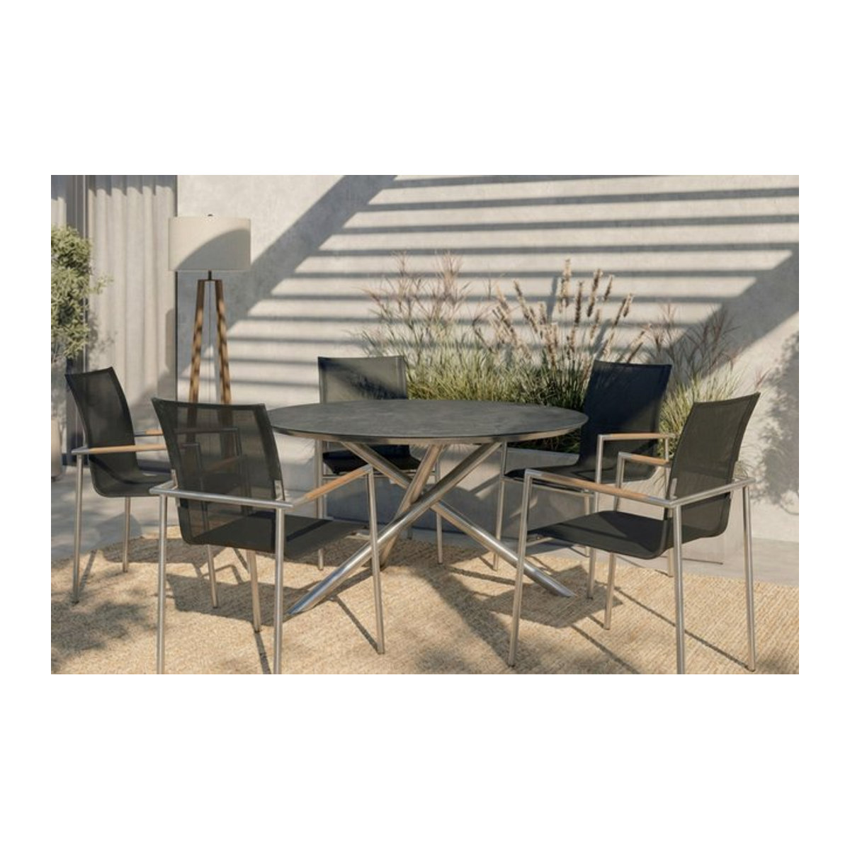 OUTFLEXX Garten-Essgruppe für 5 Personen in Silber/Anthrazit aus Edelstahl, Glaskeramik und Textilene mit Tisch Durchmesser: 150 cm - Bild 1