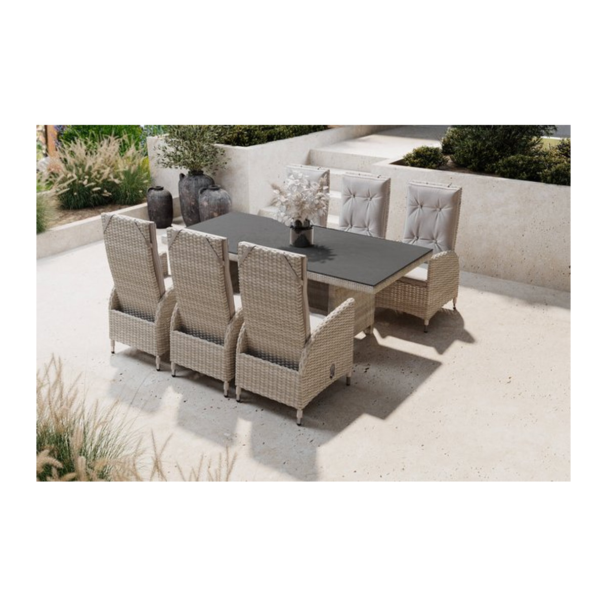 OUTFLEXX Garten-Essgruppe für 6 Personen aus Alu und Polyrattan in Desert-Beige mit Esstisch Breite: 200 cm und verstellbaren Diningsesseln - Bild 1