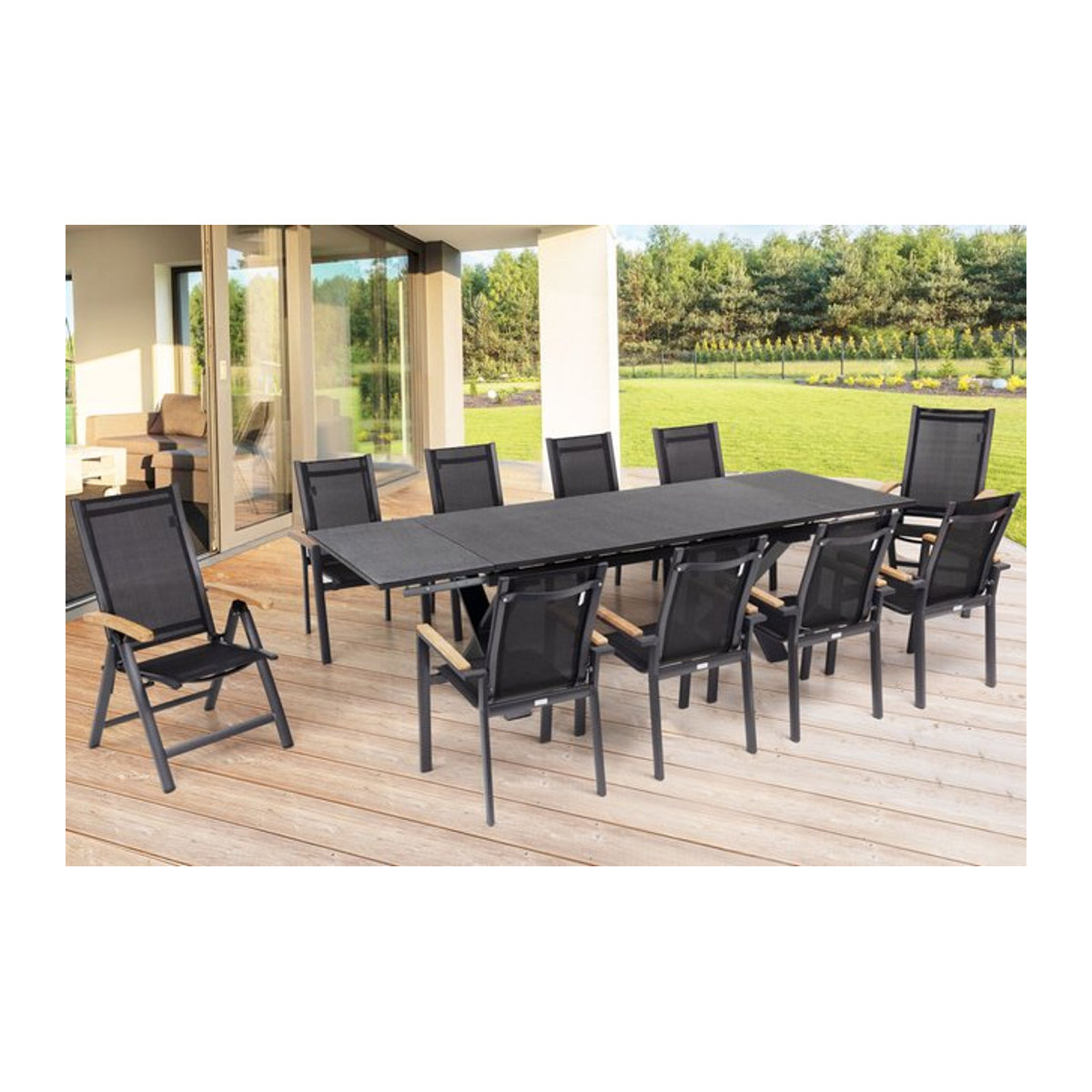 OUTFLEXX Garten-Essgruppe in Anthrazit Matt aus Aluminium, Spraystone und Teak mit Tisch und 10 Stühlen - Bild 1