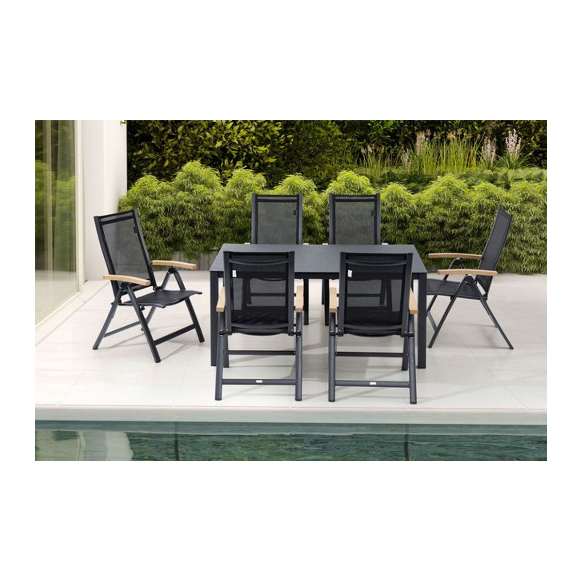 OUTFLEXX Garten-Essgruppe in Anthrazit Matt/Grau/Schwarz mit 6 Klappstühlen, B: 160 cm, T: 95 cm - Bild 1