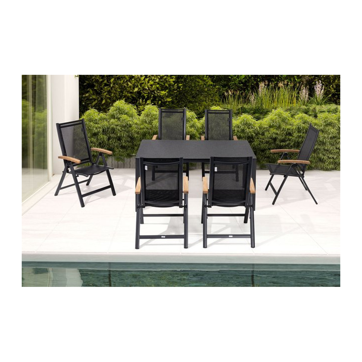 OUTFLEXX Garten-Essgruppe in Anthrazit Matt mit 6 Klappstühlen und Teak-Armlehnen, B/T: 160 x 95 cm - Bild 1