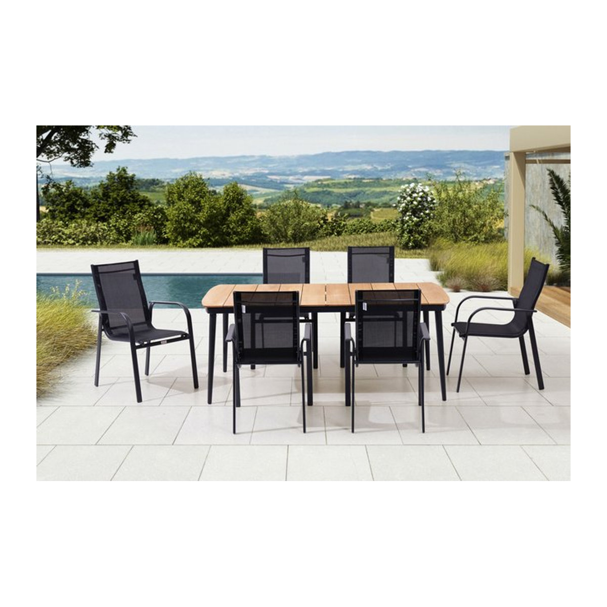 OUTFLEXX Garten-Essgruppe in Anthrazit Matt mit 6 Stapelstühlen aus Alu, Teak und Textil, B: 184 cm, T: 100 cm - Bild 1