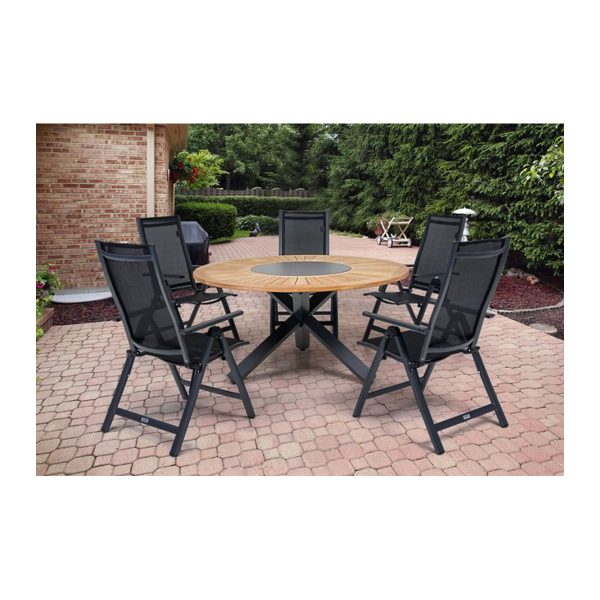 OUTFLEXX Garten-Essgruppe in Anthrazit Matt mit Esstisch Ø 150 cm und 5 Klappstühlen aus Alu, Teak und Textil - Bild 1