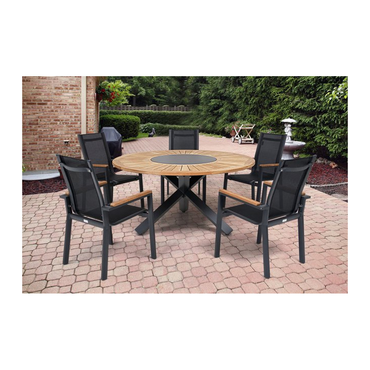 OUTFLEXX Garten-Essgruppe in Anthrazit Matt mit Esstisch Ø 150 cm und 5 Stapelstühlen aus Alu, Teak und Textil - Bild 1