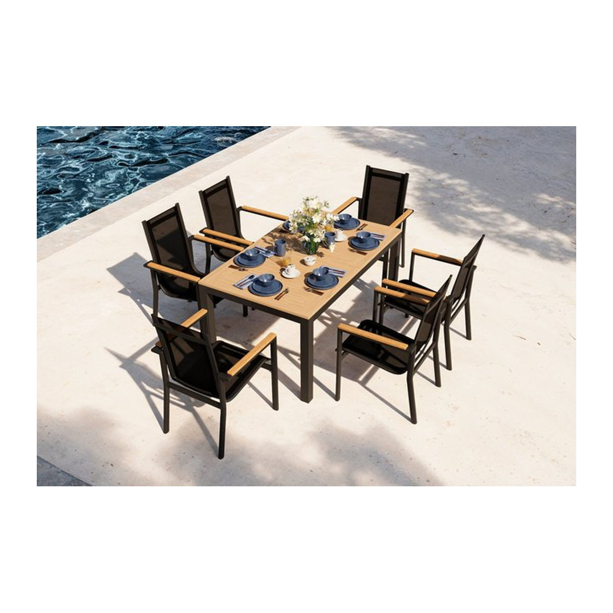 OUTFLEXX Garten-Essgruppe in Anthrazit Matt mit Tisch und 6 Stapelsesseln aus Alu, Teak und Textilene - Bild 1