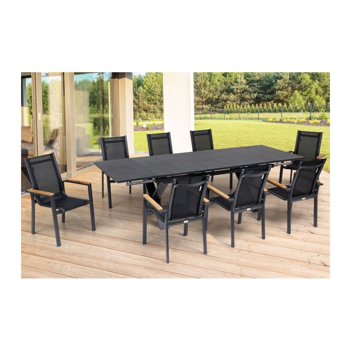 OUTFLEXX Garten-Essgruppe in Anthrazit Matt mit Tisch und 8 Stapelsesseln aus Aluminium, Teak und Spraystone - Bild 1
