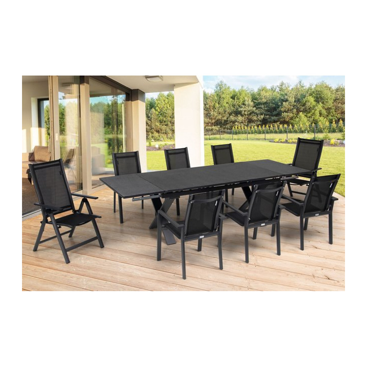 OUTFLEXX Garten-Essgruppe in Anthrazit Matt mit Tisch und 8 Stühlen aus Aluminium und Textil - Bild 1
