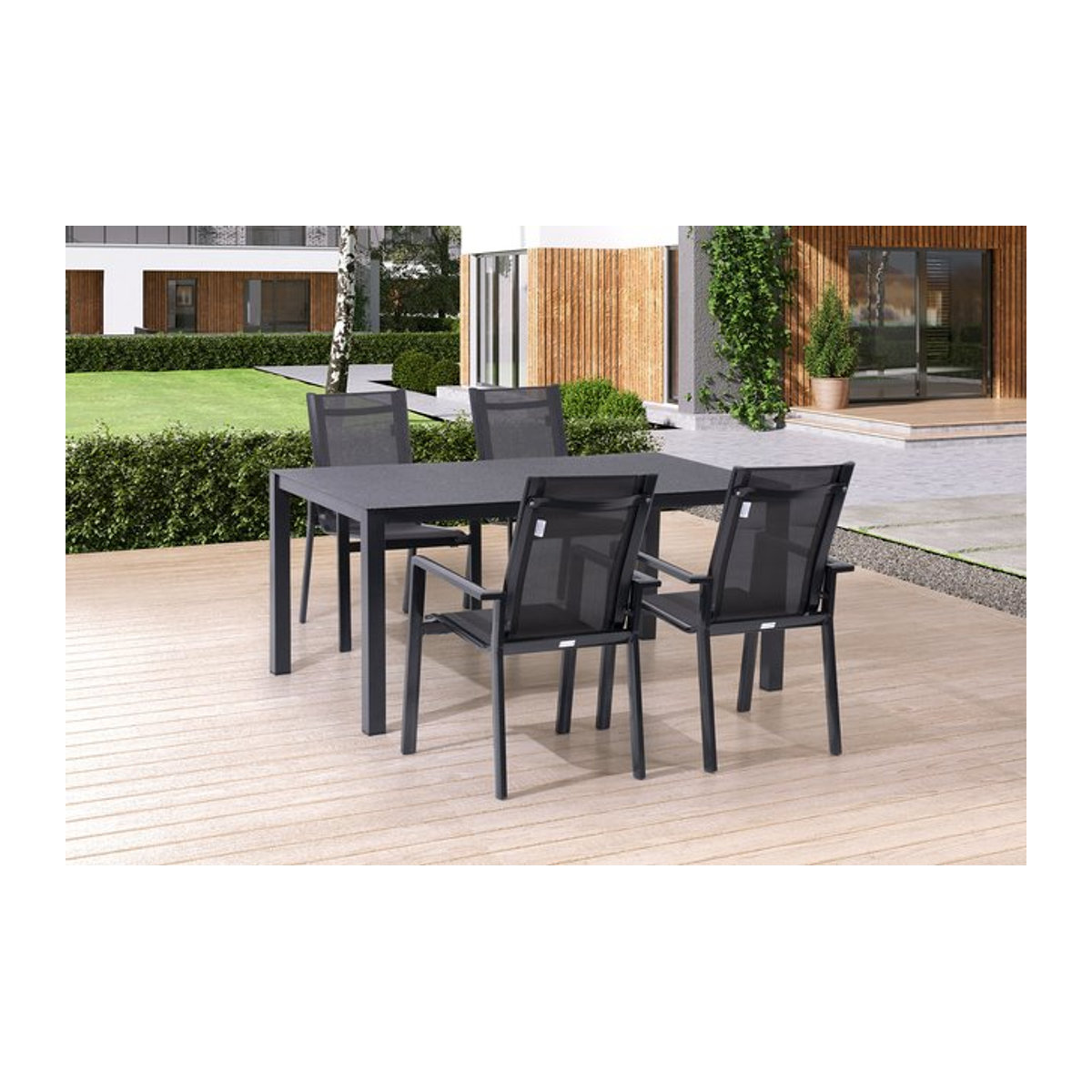 OUTFLEXX Garten-Essgruppe in Anthrazit mit 4 Stapelsesseln aus Aluminium und Textil, B: 160 cm, T: 95 cm - Bild 1