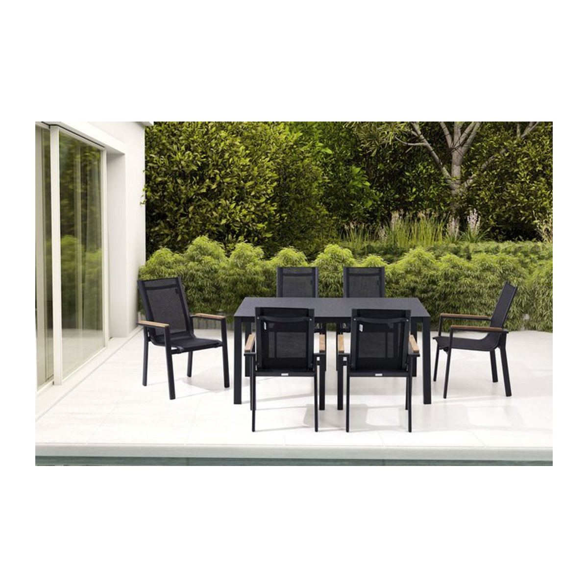 OUTFLEXX Garten-Essgruppe in Anthrazit mit 6 Sesseln, Tisch B: 160 cm, Material: Aluminium, Spraystone und Teak mit Textilbezug - Bild 1