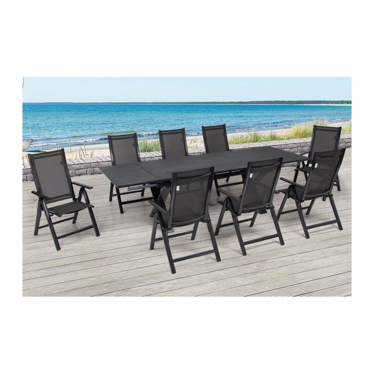 OUTFLEXX Garten-Essgruppe in Anthrazit mit 8 Klappstühlen aus Aluminium, Glas und Textil - Bild 1