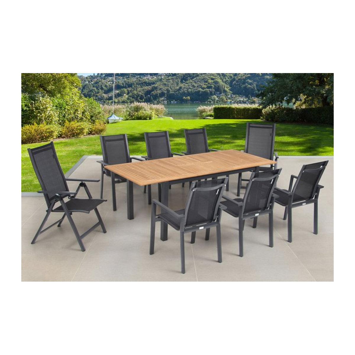 OUTFLEXX Garten-Essgruppe in Anthrazit mit Ausziehtisch und 8 Sitzgelegenheiten aus Aluminium, Teak und Textil - Bild 1