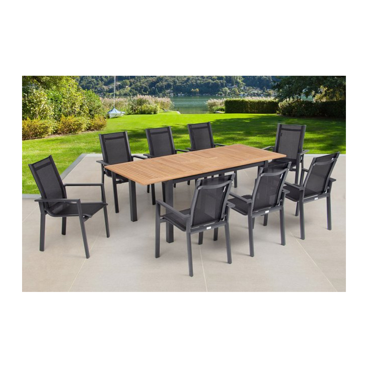 OUTFLEXX Garten-Essgruppe in Anthrazit mit Ausziehtisch und 8 Stapelsesseln aus Aluminium, Teak und Textil - Bild 1