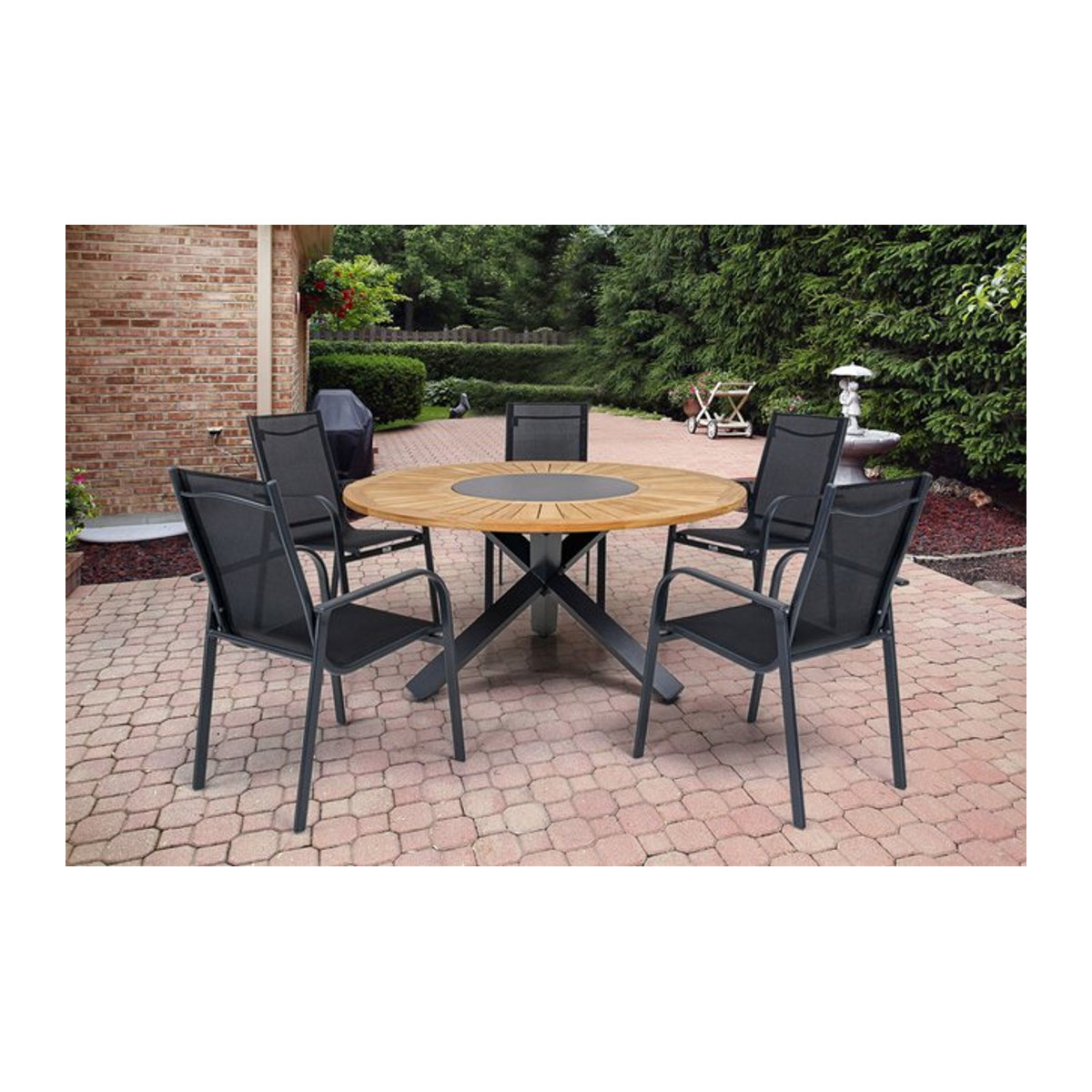 OUTFLEXX Garten-Essgruppe in Anthrazit mit Esstisch Ø 150 cm und 6 stapelbaren Sesseln aus Aluminium, Teak und Textil - Bild 1