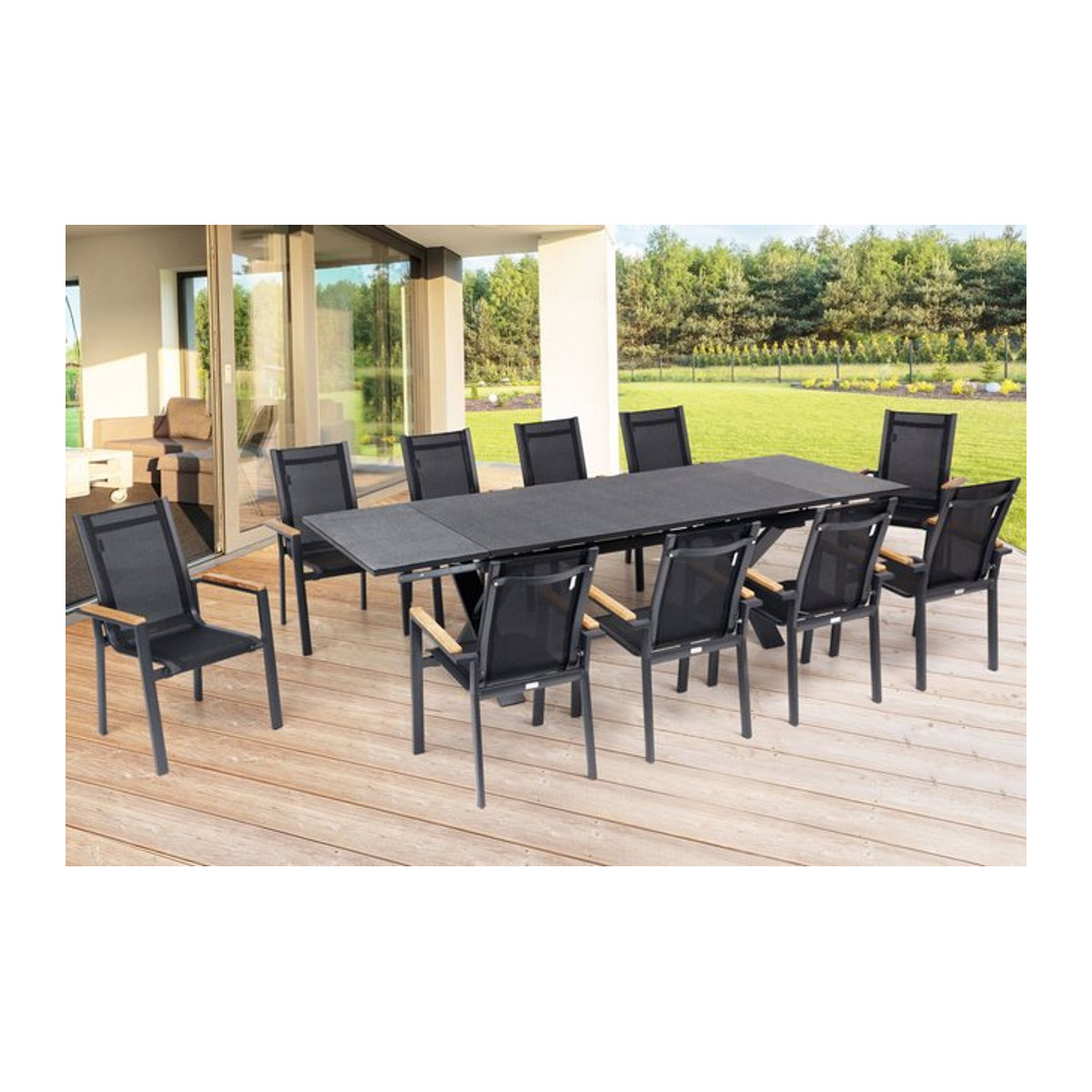 OUTFLEXX Garten-Essgruppe in Anthrazit mit Tisch und 10 Stapelsesseln aus Aluminium, Teak und Spraystone - Bild 1