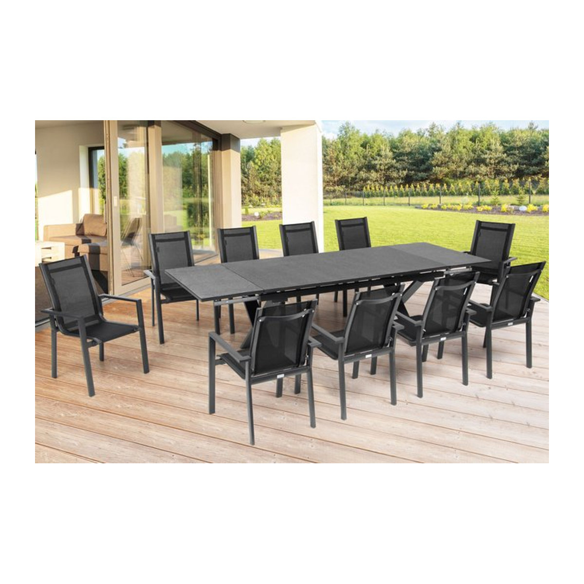 OUTFLEXX Garten-Essgruppe in Anthrazit mit Tisch und 10 Stapelsesseln aus Aluminium und Textil - Bild 1