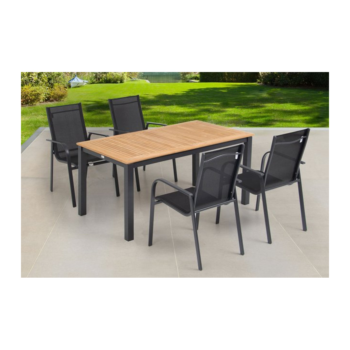 OUTFLEXX Garten-Essgruppe in Anthrazit mit Tisch und 4 stapelbaren Sesseln aus Aluminium, Teak und Textil - Bild 1