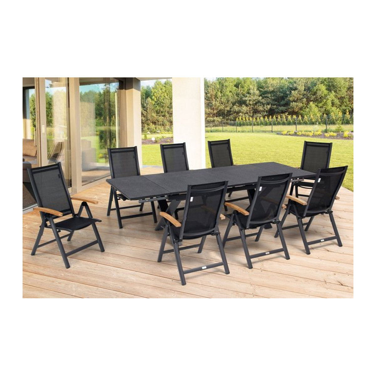 OUTFLEXX Garten-Essgruppe in Anthrazit mit Tisch und 8 Klappstühlen aus Aluminium, Spraystone und Teak - Bild 1