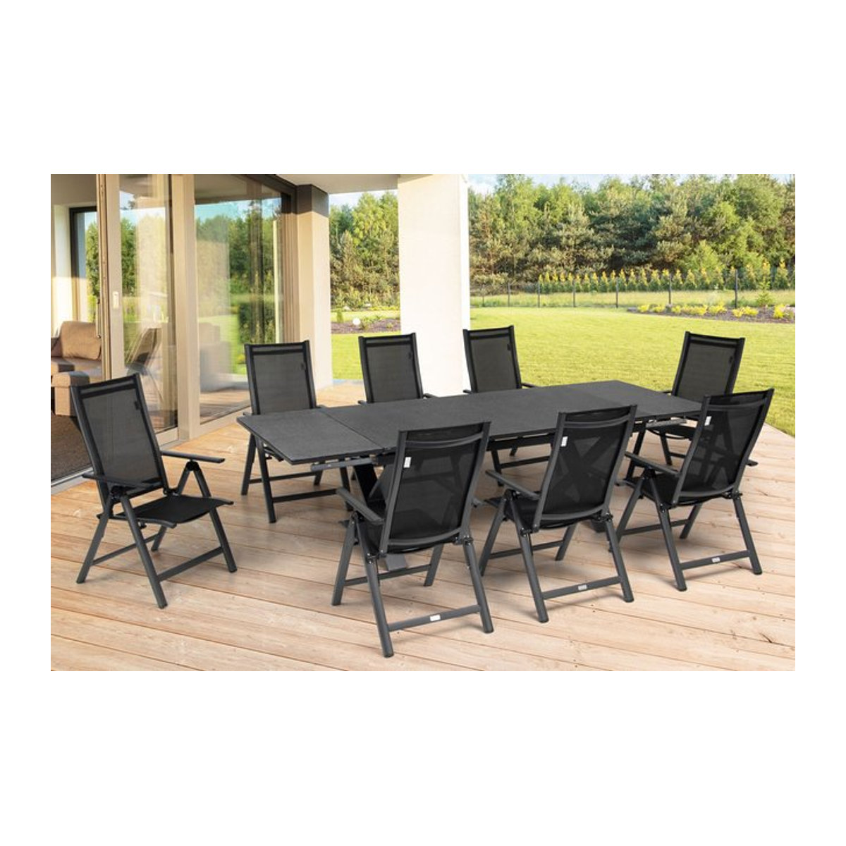 OUTFLEXX Garten-Essgruppe in Anthrazit mit Tisch und 8 Klappstühlen aus Aluminium und Spraystone - Bild 1