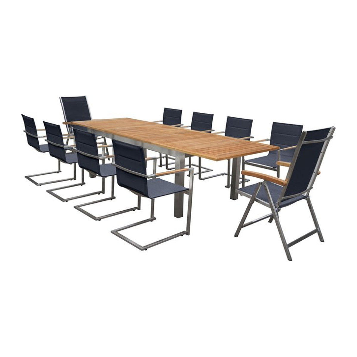 OUTFLEXX Garten-Essgruppe in Schwarz aus Edelstahl und Teak mit Ausziehtisch, 8 gepolsterten Stühlen und 2 Klappstühlen - Bild 1