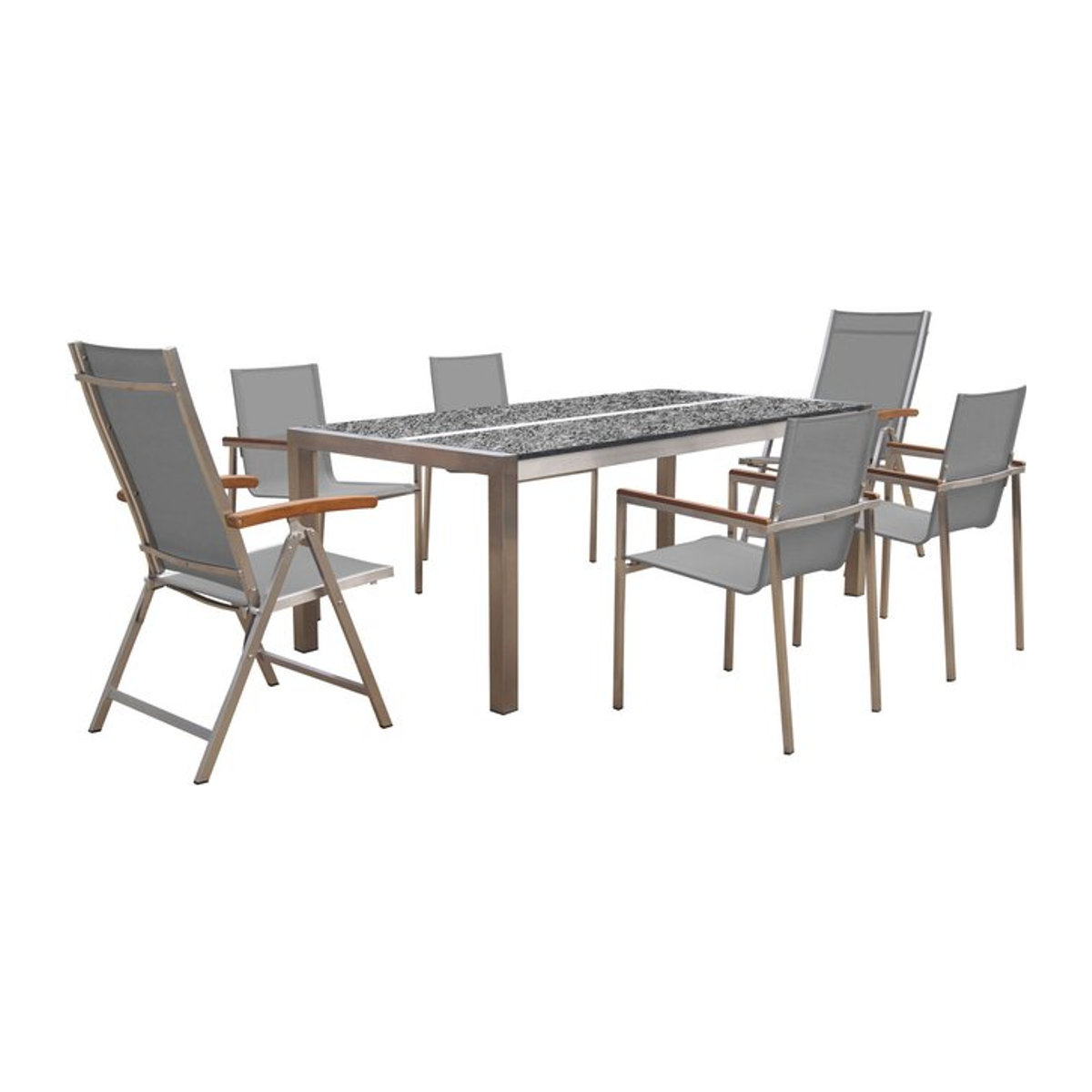 OUTFLEXX Garten-Essgruppe in Silber aus Edelstahl, Granit und Textilene mit 4 Gartensesseln, 2 Klappstühlen und Teak-Armlehnen, B/T: 200 x 100 cm - Bild 1