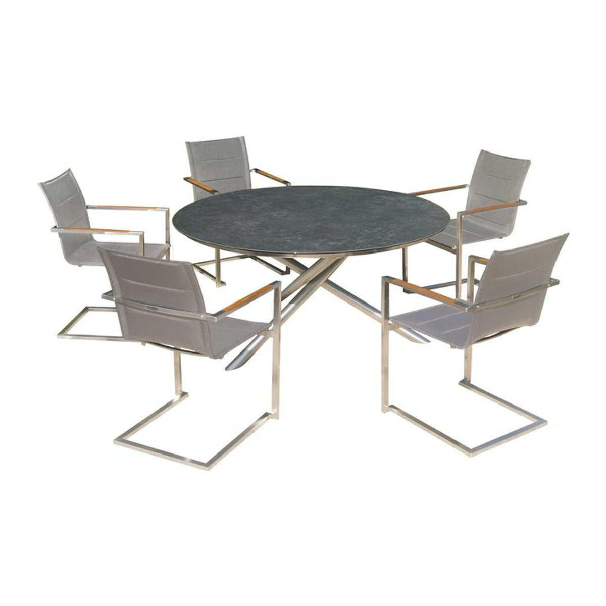 OUTFLEXX Garten-Essgruppe in Silber/Grau mit Tisch Ø 150 cm und 5 gepolsterten Freischwinger-Stühlen aus Edelstahl, Glas und Textilene - Bild 1