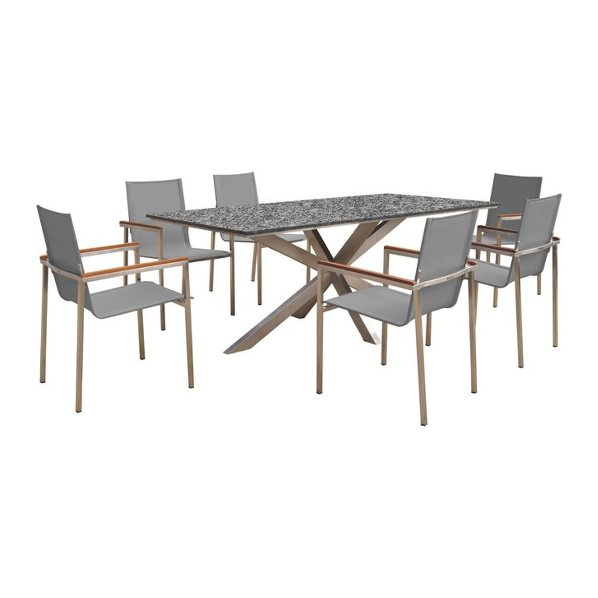 OUTFLEXX Garten-Essgruppe in Silber mit 6 Gartensesseln aus Edelstahl, Granit und Textilene sowie Teak-Armlehnen, B/T: 200 x 100 cm - Bild 1