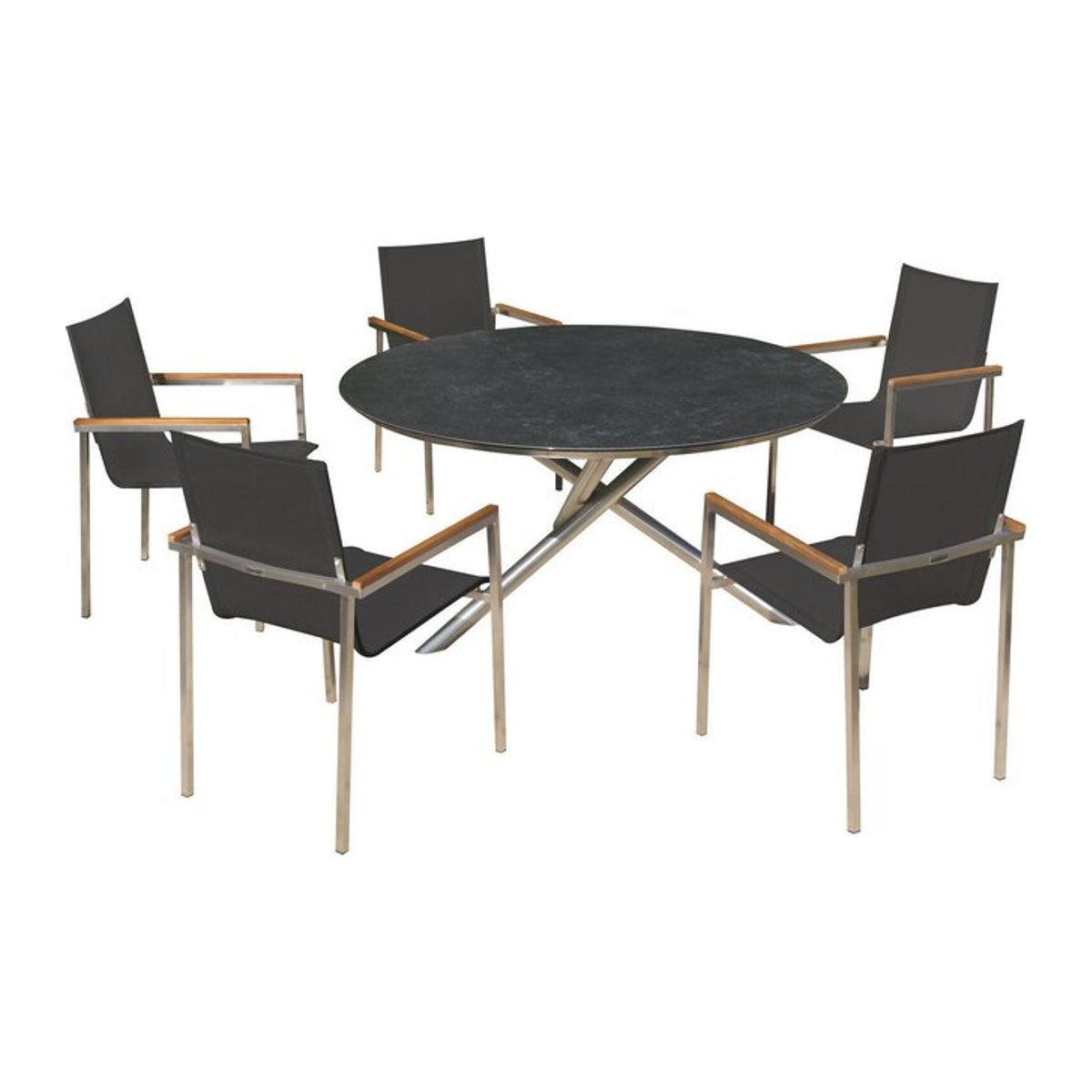 OUTFLEXX Garten-Essgruppe in Silber/Schwarz mit Tisch Ø 150 cm und 5 Sesseln aus Edelstahl, Glaskeramik, Textilene und Teak - Bild 1