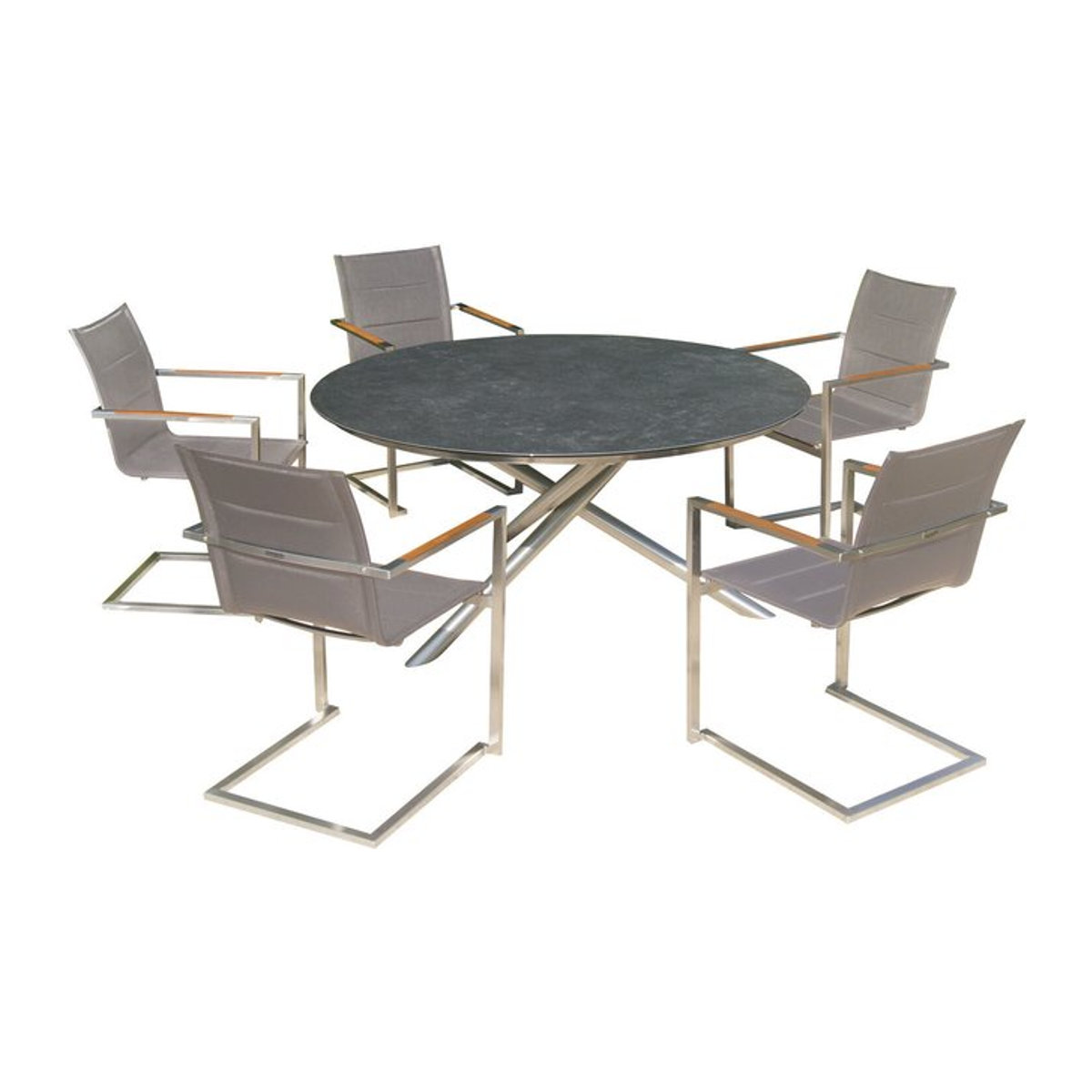 OUTFLEXX Garten-Essgruppe in Silber und Taupe mit Tisch Ø 150 cm und 5 gepolsterten Freischwingern aus Edelstahl, Glaskeramik und Teak - Bild 1