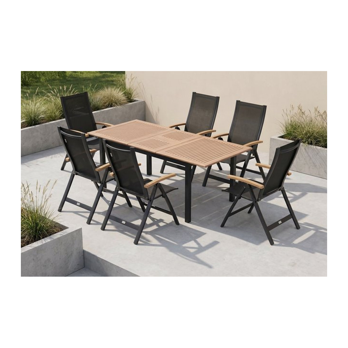 OUTFLEXX Garten-Essgruppe modern in Anthrazit mit Tisch und 6 Klappstühlen aus Aluminium, Teak und Textil - Bild 1