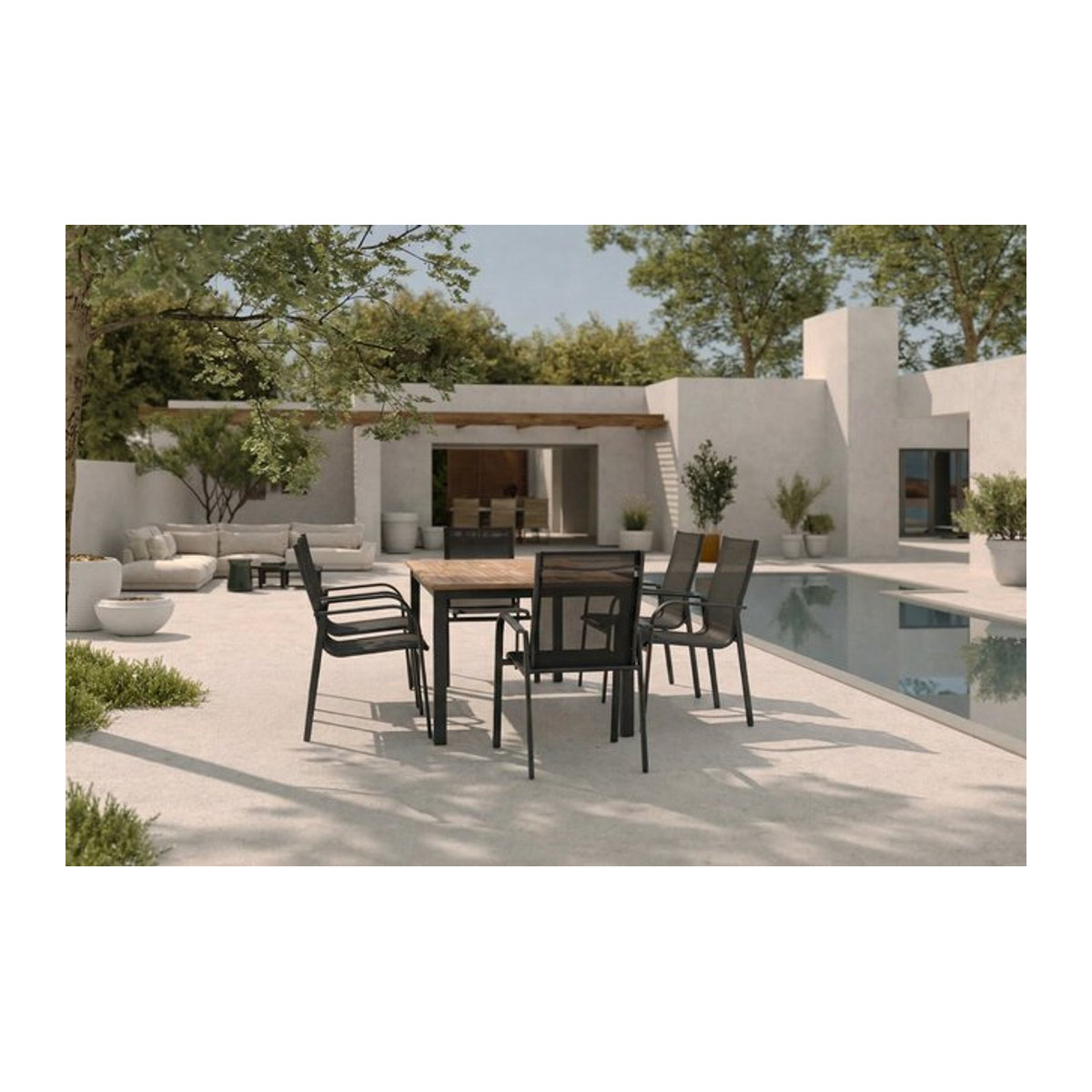 OUTFLEXX Garten-Essgruppe modern in Anthrazit mit Tisch und 6 stapelbaren Sesseln aus Aluminium, Teak und Textil - Bild 1