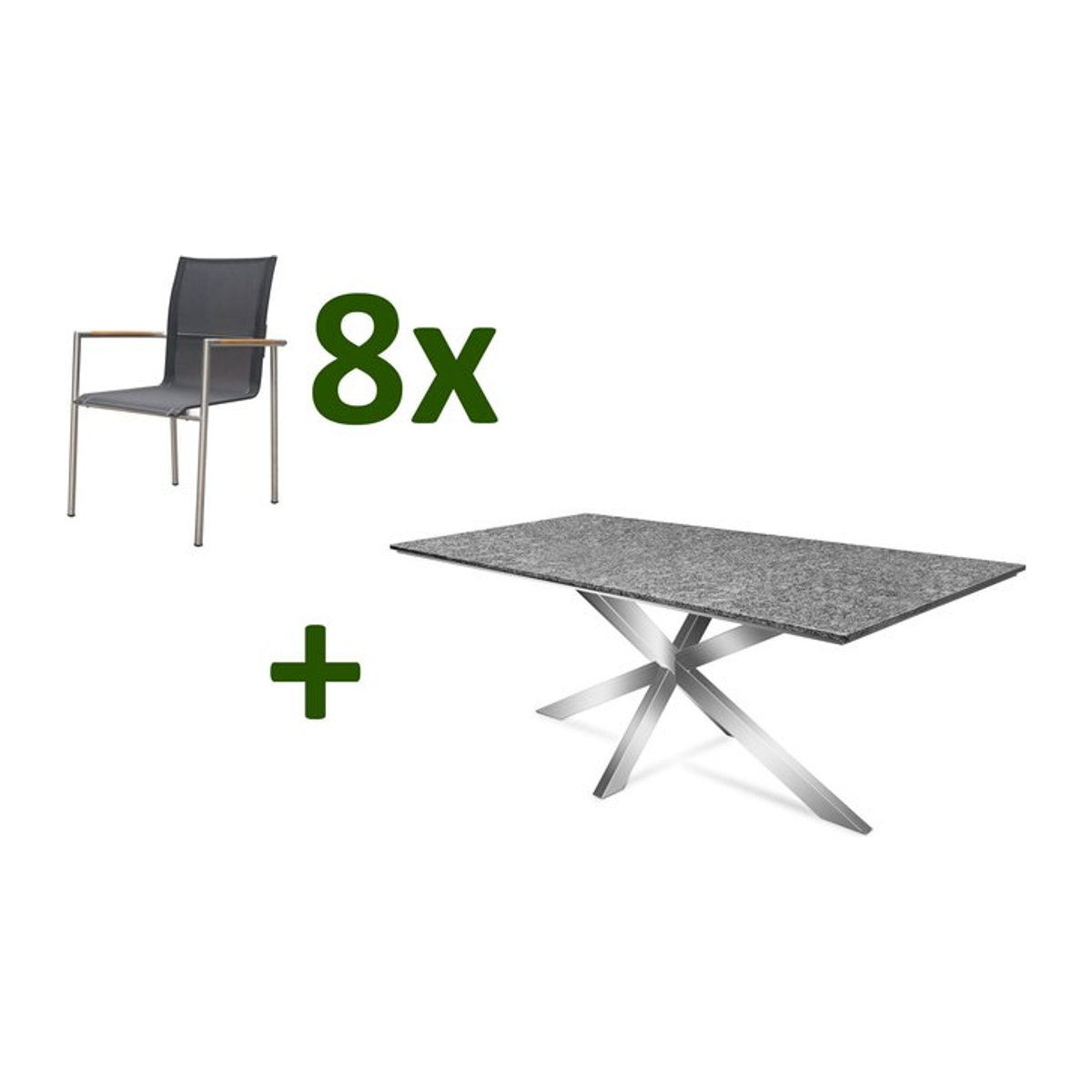 OUTFLEXX Garten-Essgruppe modern in Grau und Anthrazit mit Tisch und 8 Stühlen aus Edelstahl, Granit und Teak - Bild 1