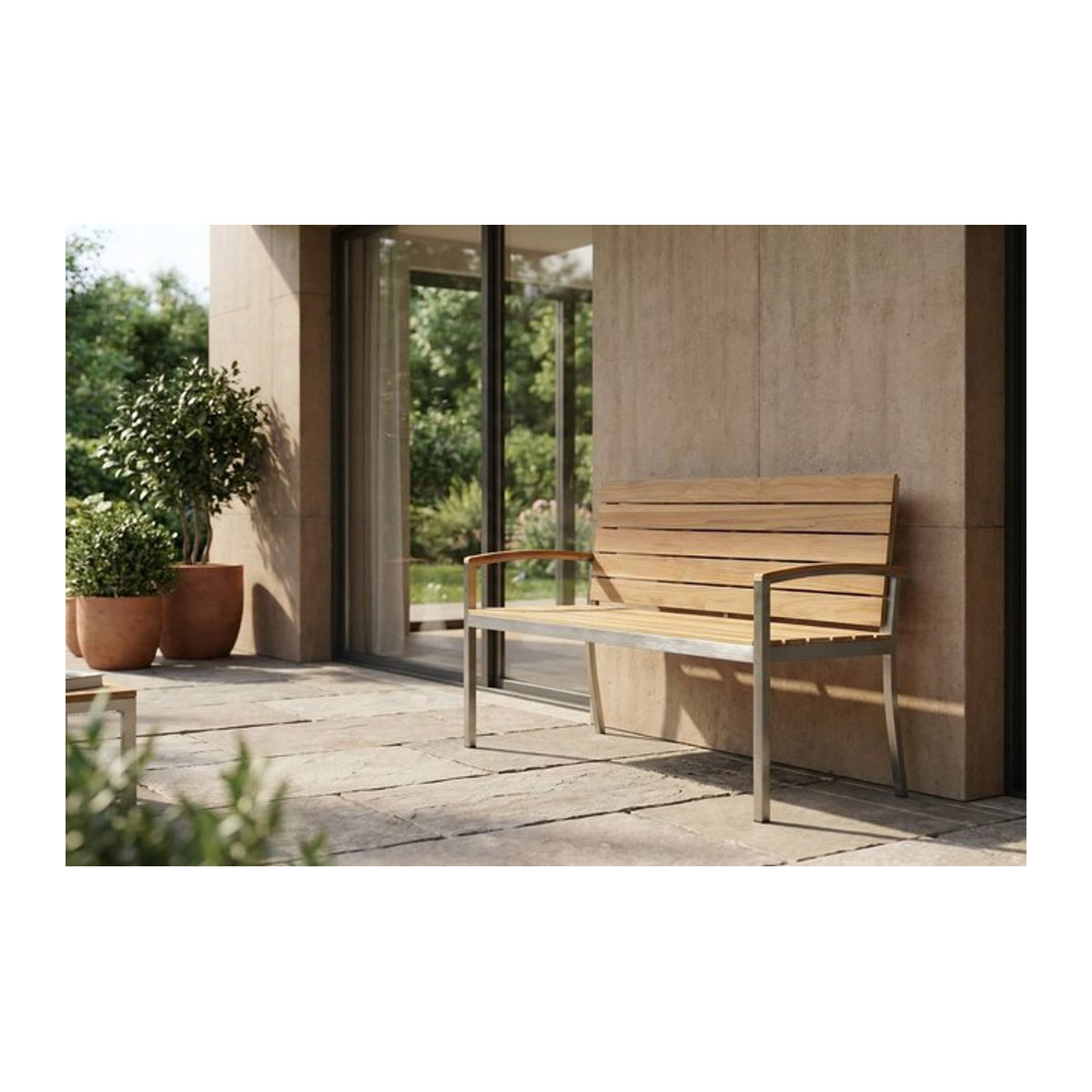 OUTFLEXX Gartenbank 2-Sitzer aus Teakholz und Edelstahl in Braun und Silber, B/T/H: 130 x 55 x 80 cm - Bild 1