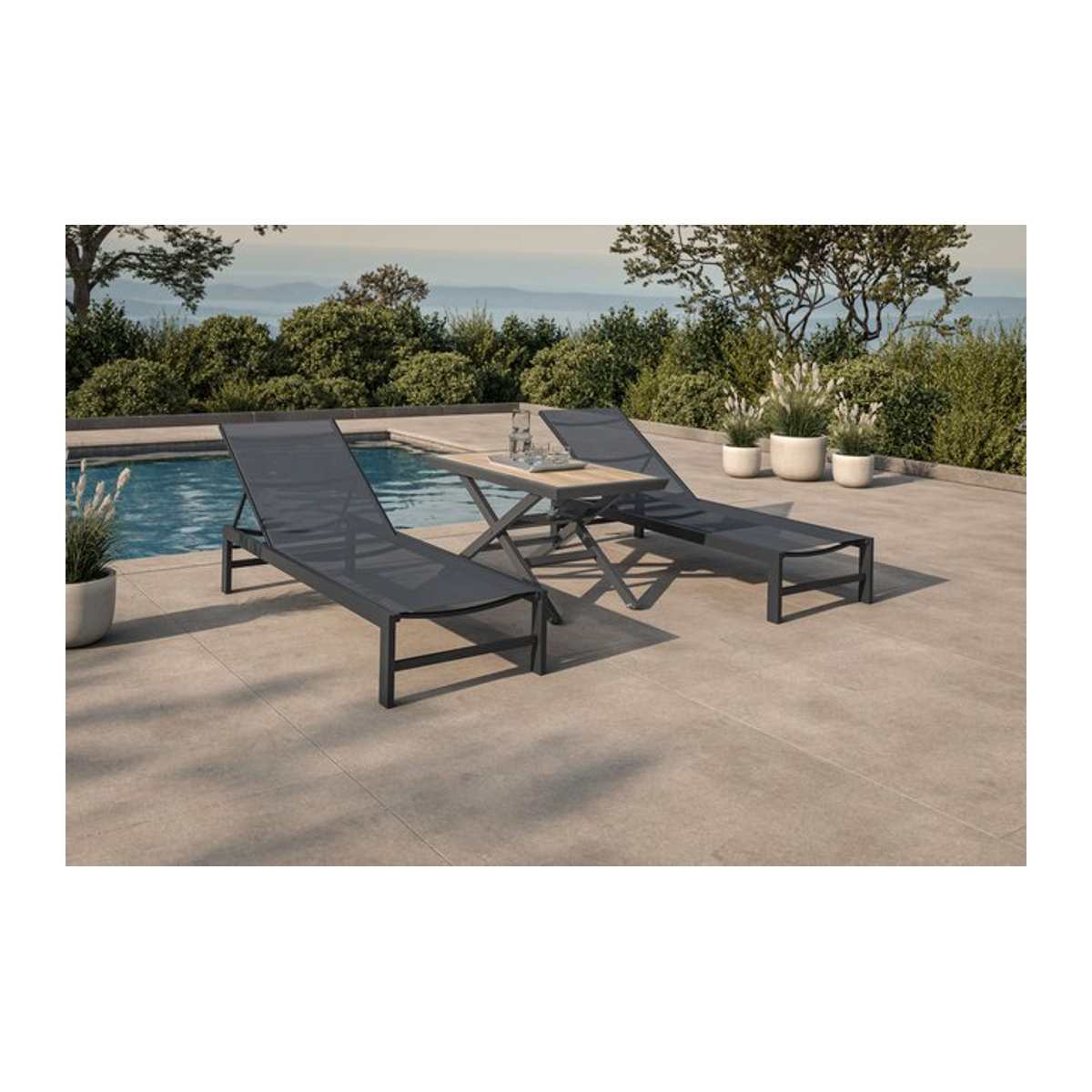 OUTFLEXX Gartenliegen-Set aus Aluminium und Textilene in Anthrazit und Schwarz mit höhenverstellbarem Kafeetisch, UV-beständig - Bild 1