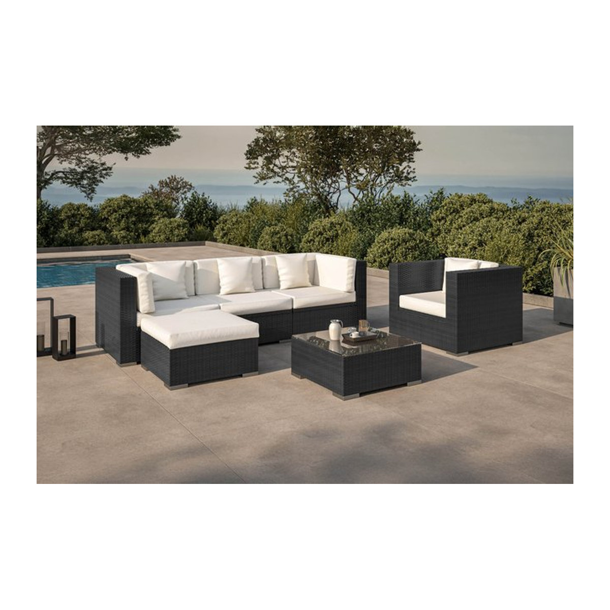 OUTFLEXX Gartenlounge aus Polyrattan für 5 Personen mit Kaffeetisch und Kissenboxfunktion in Schwarz, Beige und Weiß - Bild 1