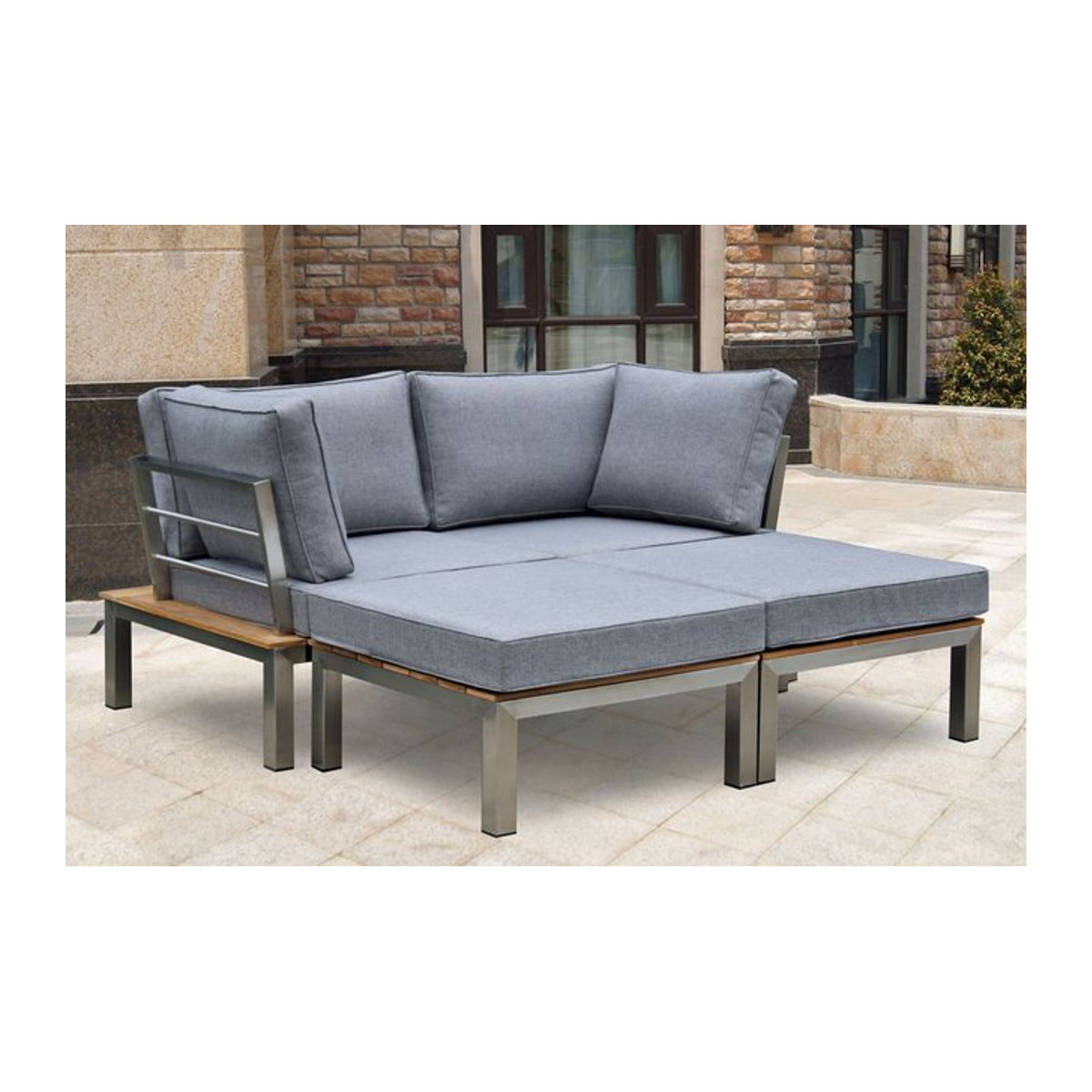 OUTFLEXX Gartenlounge für 2 Personen aus Edelstahl und Teakholz in Silber und Grau mit Liegefunktion - Bild 1