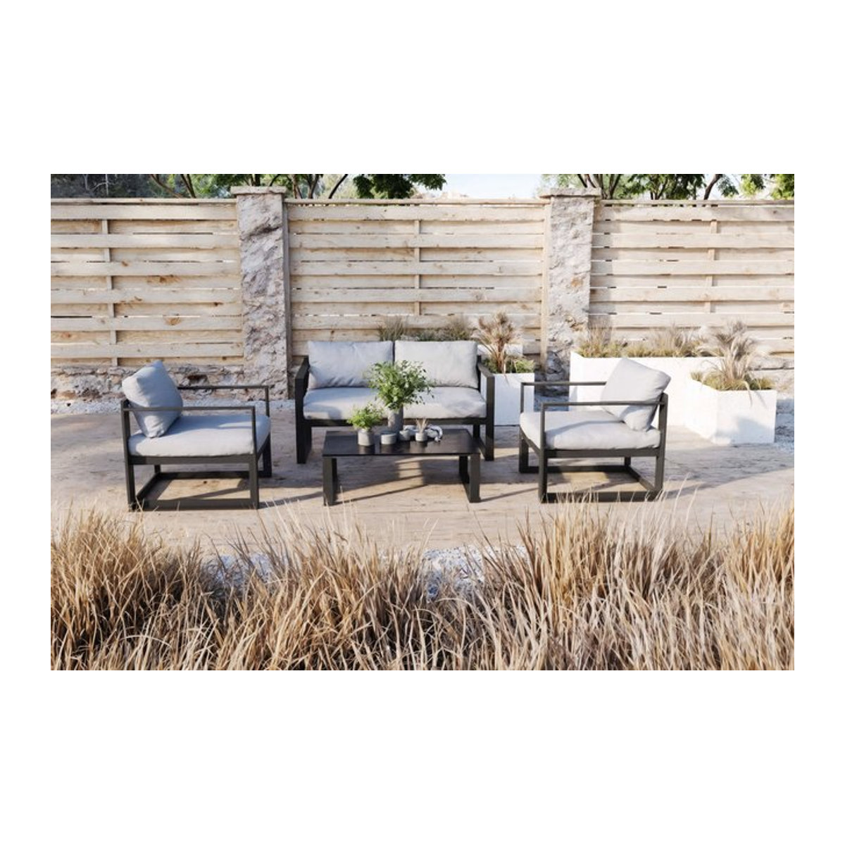 OUTFLEXX Gartenlounge für 4 Personen aus Aluminium und Polyester in Schwarz/Grau mit Kissen und abnehmbaren Bezügen - Bild 1