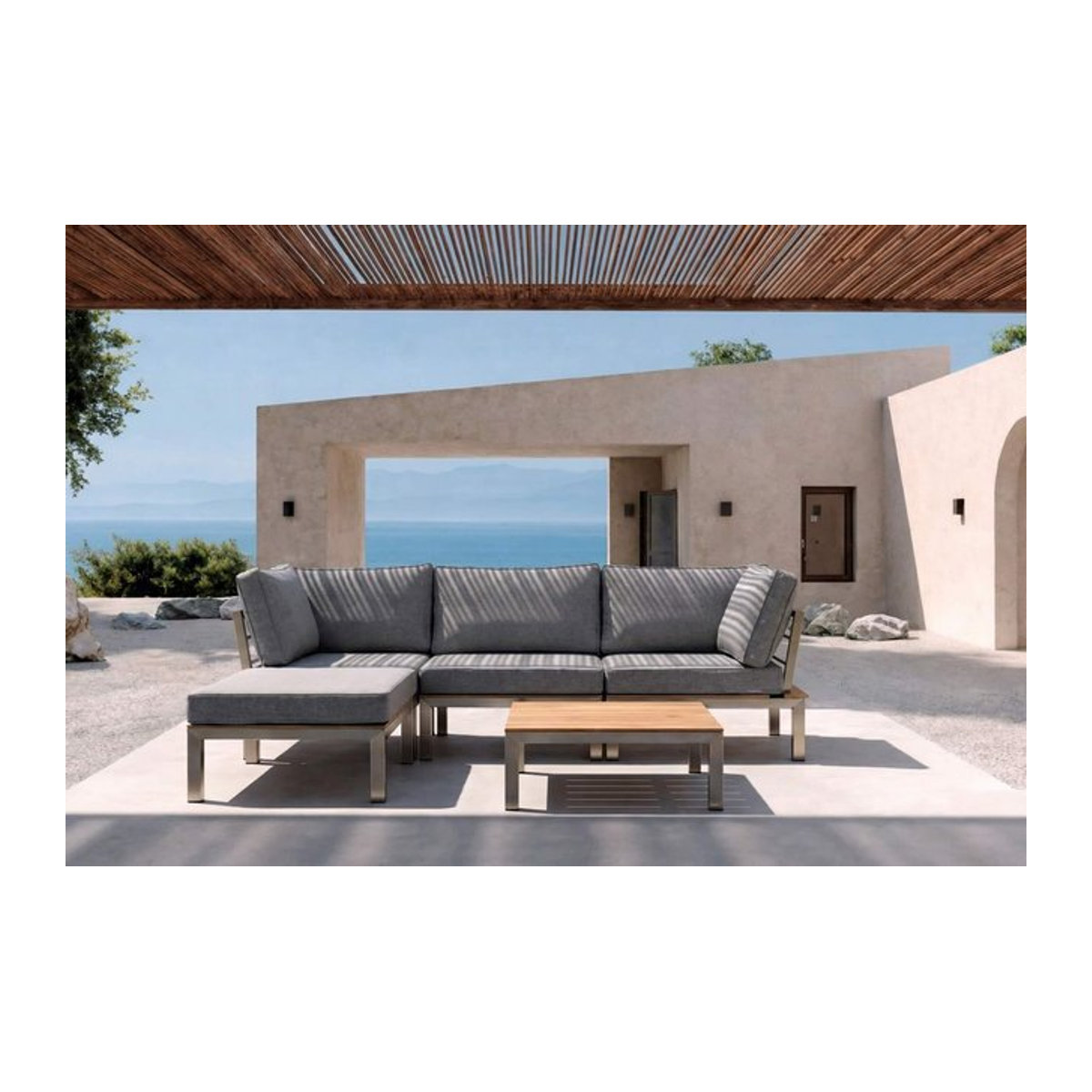 OUTFLEXX Gartenlounge für 4 Personen in Silber/Grau aus Edelstahl, Teakholz und Textil inklusive Beistelltisch - Bild 1