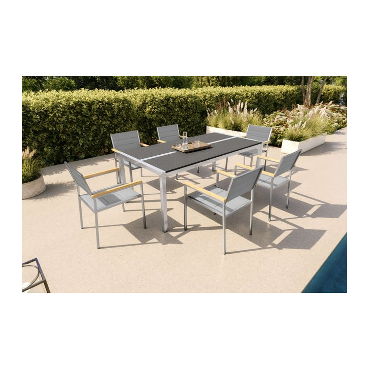 OUTFLEXX Gartenmöbel-Set in Silber und Grau mit modernem Tisch und 6 Stapelstühlen aus Edelstahl und Keramik, Tisch B: 200 cm, T: 100 cm - Bild 1