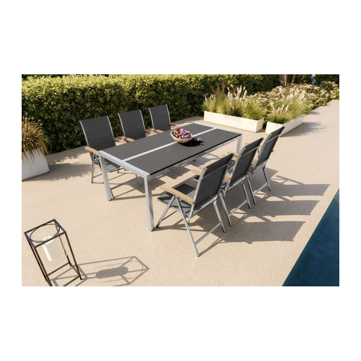 OUTFLEXX Gartenmöbel-Set Modern in Schwarz mit Edelstahl und Holz, Tisch B: 200 cm, T: 100 cm und 6 Klappsesseln - Bild 1