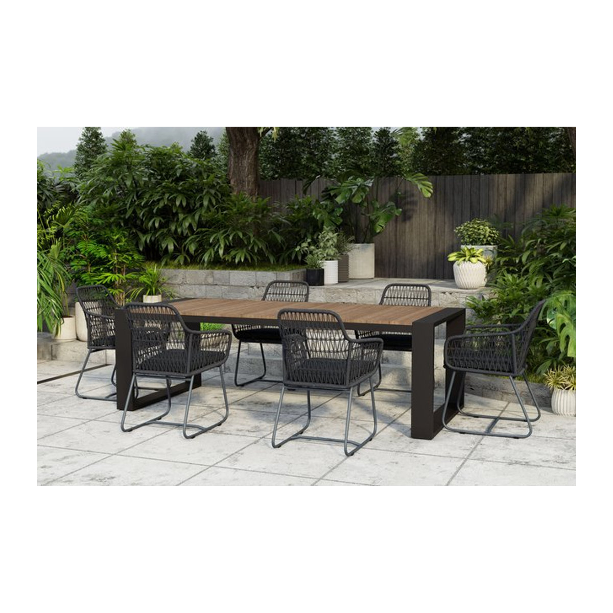 OUTFLEXX Kona/Verona Garten-Essgruppe in Anthrazit und Dunkelgrau mit 6 Sesseln aus Aluminium, recyceltem Teak und Rope, Breite: 240 cm - Bild 1