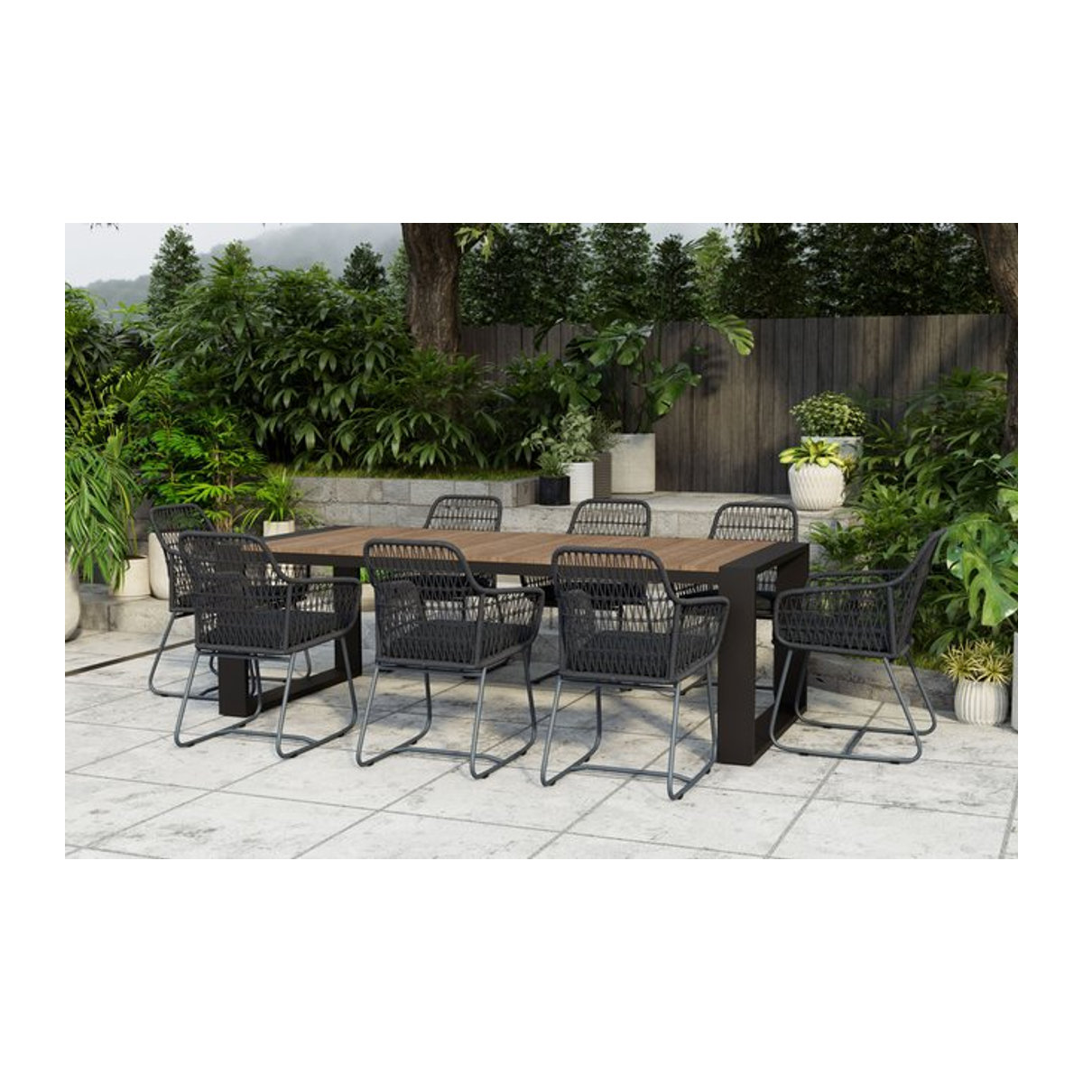 OUTFLEXX Kona/Verona Garten-Essgruppe in Anthrazit und Dunkelgrau mit 8 Sesseln aus Aluminium, recyceltem Teak und Rope, B/T: 240 x 100 cm - Bild 1