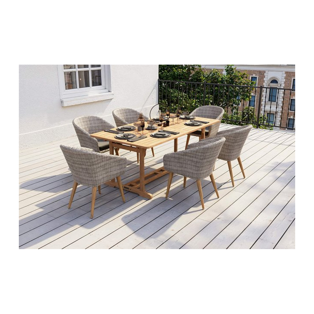 OUTFLEXX Kota Garten-Essgruppe aus Akazie, Polyrattan und Aluminium in Grau/Natur mit ausziehbarem Tisch und 6 Sesseln - Bild 1