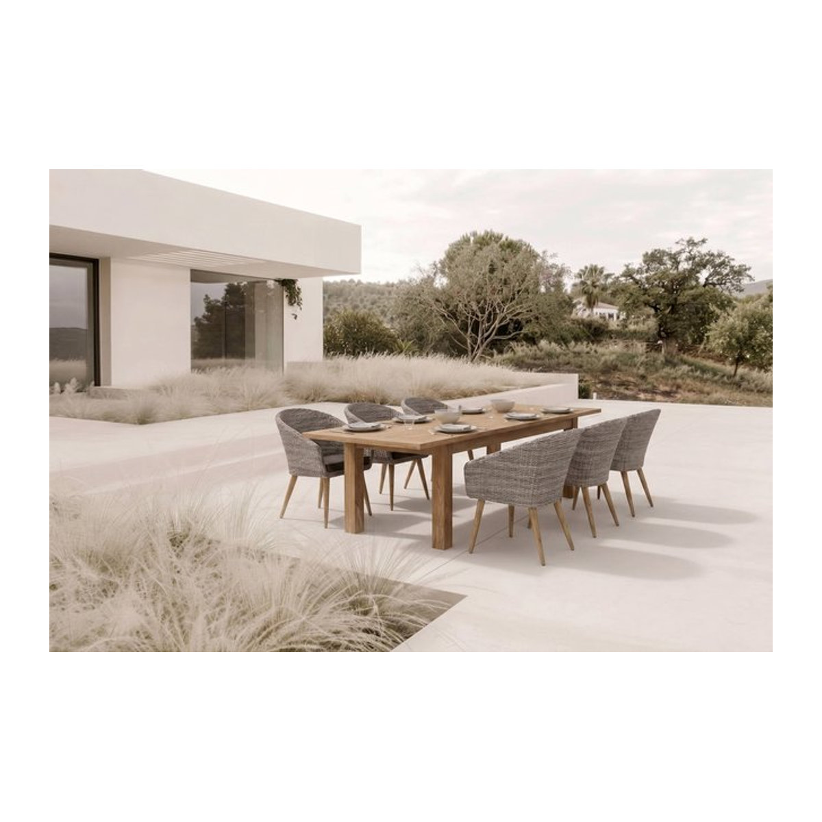 OUTFLEXX Kota Garten-Essgruppe aus Akazie, Polyrattan und Aluminium in Grau/Natur mit Esstisch und 6 Sesseln - Bild 1