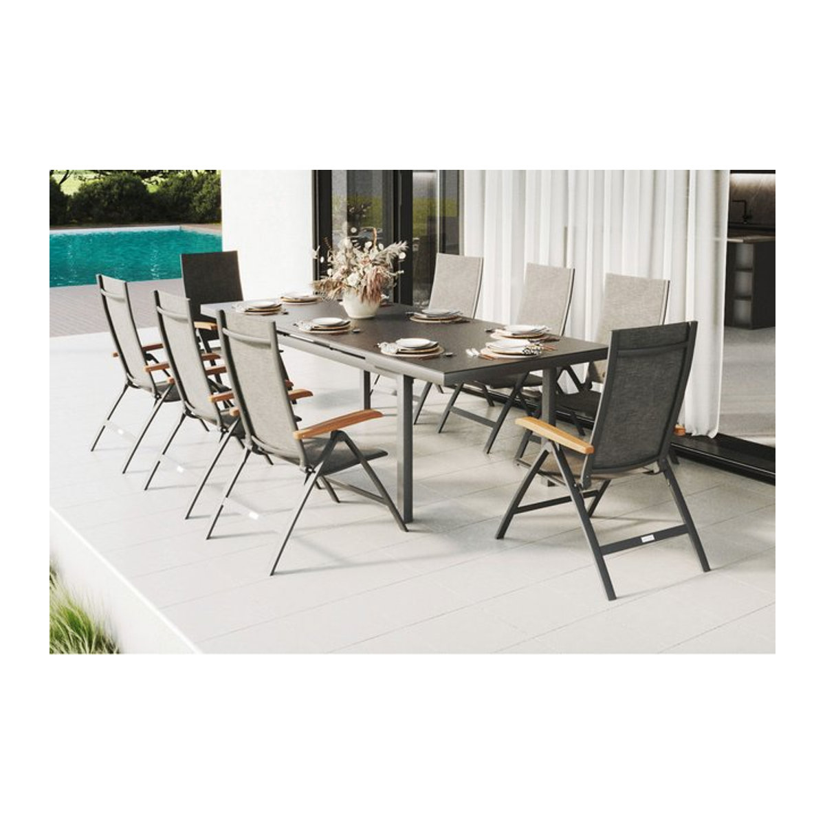 OUTFLEXX Lagos Garten-Essgruppe in Anthrazit und Grau mit Tisch und 8 Klappstühlen aus Aluminium, Eukalyptus und Textilene - Bild 1